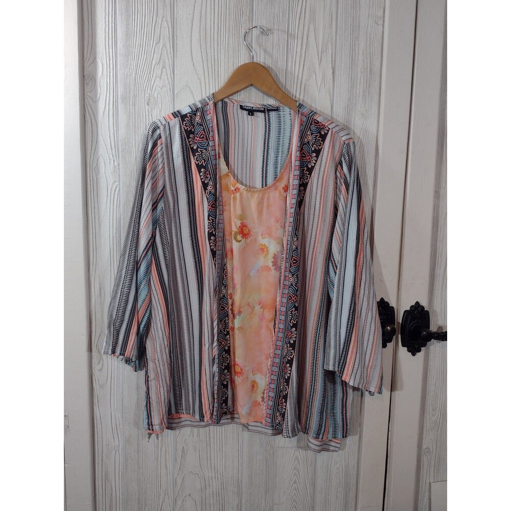 Tolani Collection Top Womens Large Printed Open Front Cardigan Attached Tank